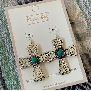 Silver and turquoise cross earrings